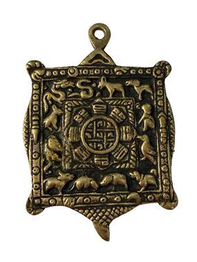 Vintage Brass Chinese Zodiac Pendant Buddhist Mandala Amulet Charm 2 Inch